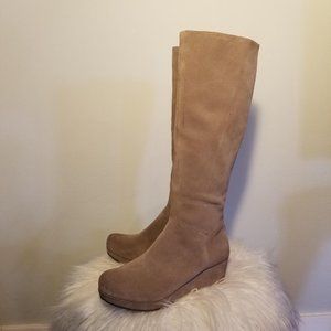 Chocolat Blu "Yiga" Suede Wedge Knee Boots in Taupe, Size 8.5